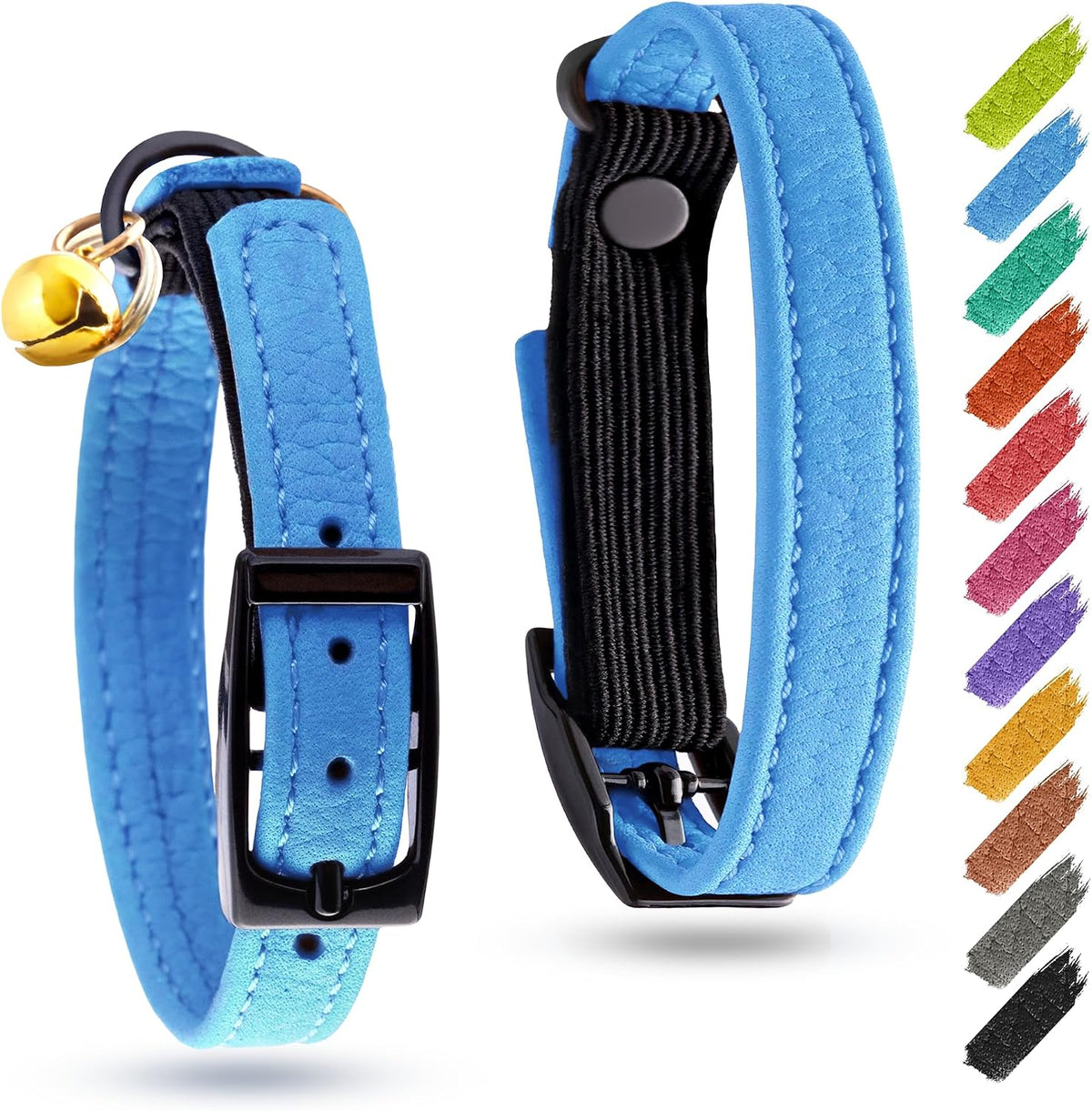 WAUDOG Leather Cat Collar with Bell Elastic Strap Stretchy Kitten - Blue / 8"- 12" Without Holder