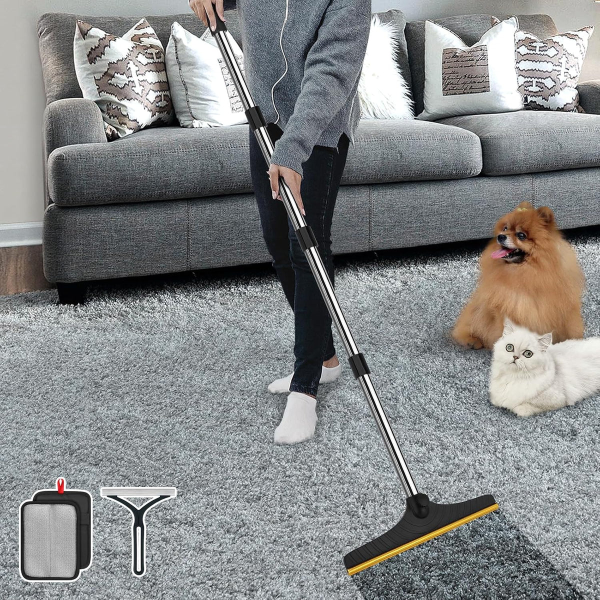 Carpet Rake for Pet Hair Removal, Reusable Carpet Scraper Broom – Essentials for Dogs - Black