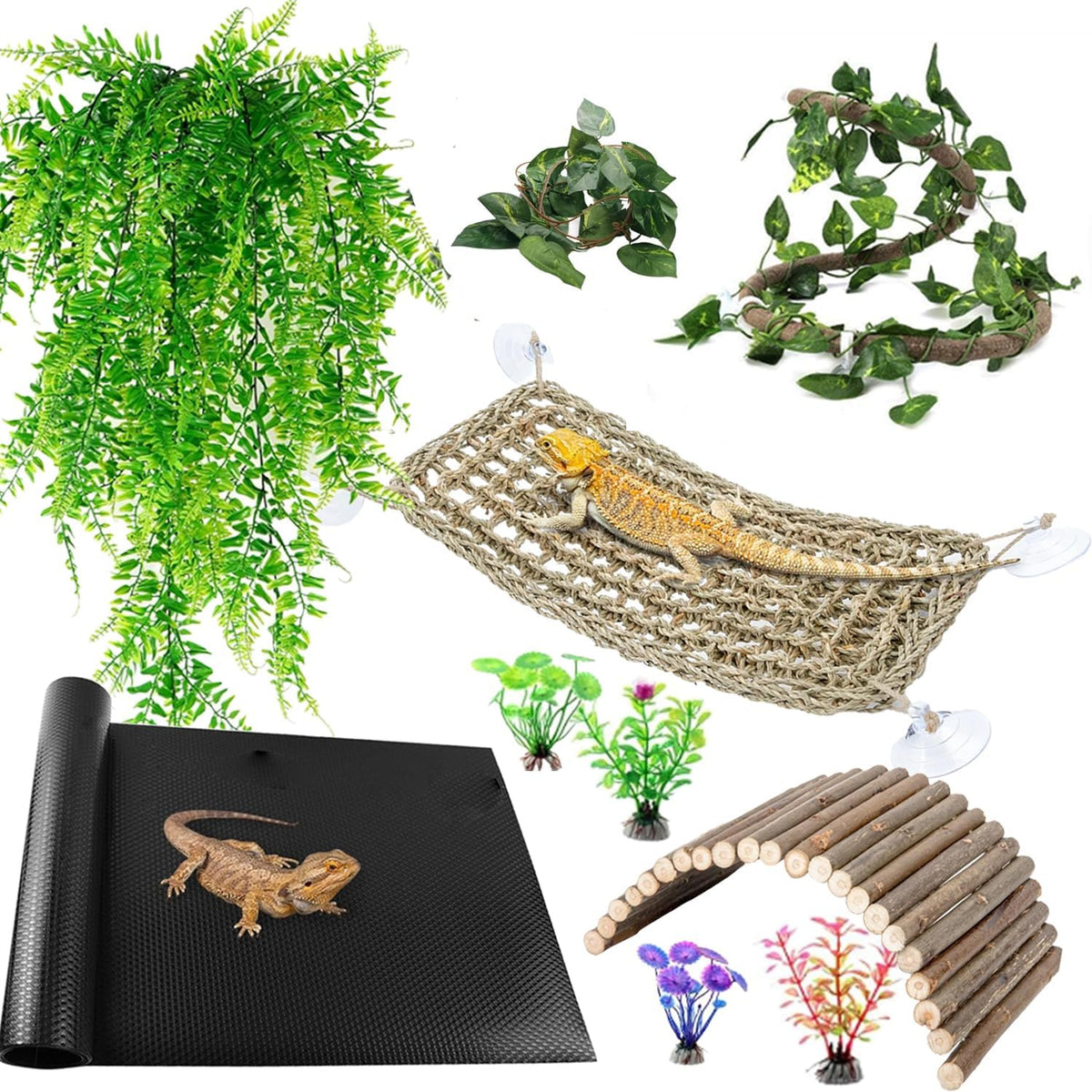 Bearded Dragon Tank Accessories - 10 Piece with Reptile Mat