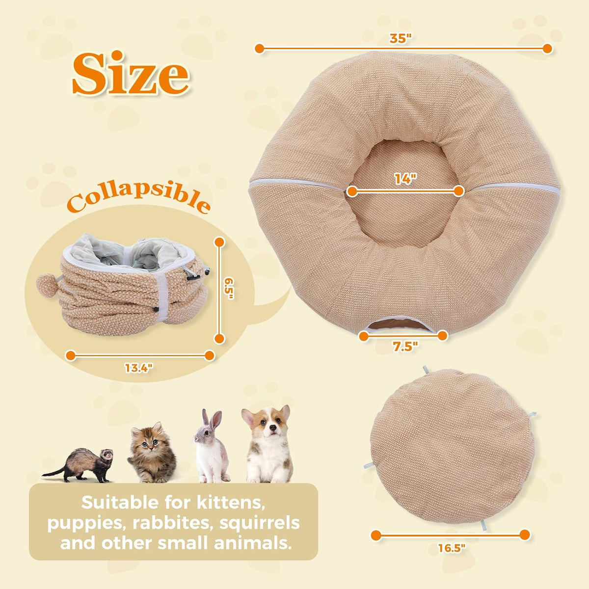 PEQULTI Beige Donut Cat Tunnel Bed Washable Plush Mat Multi for Small - New Beige - image 4