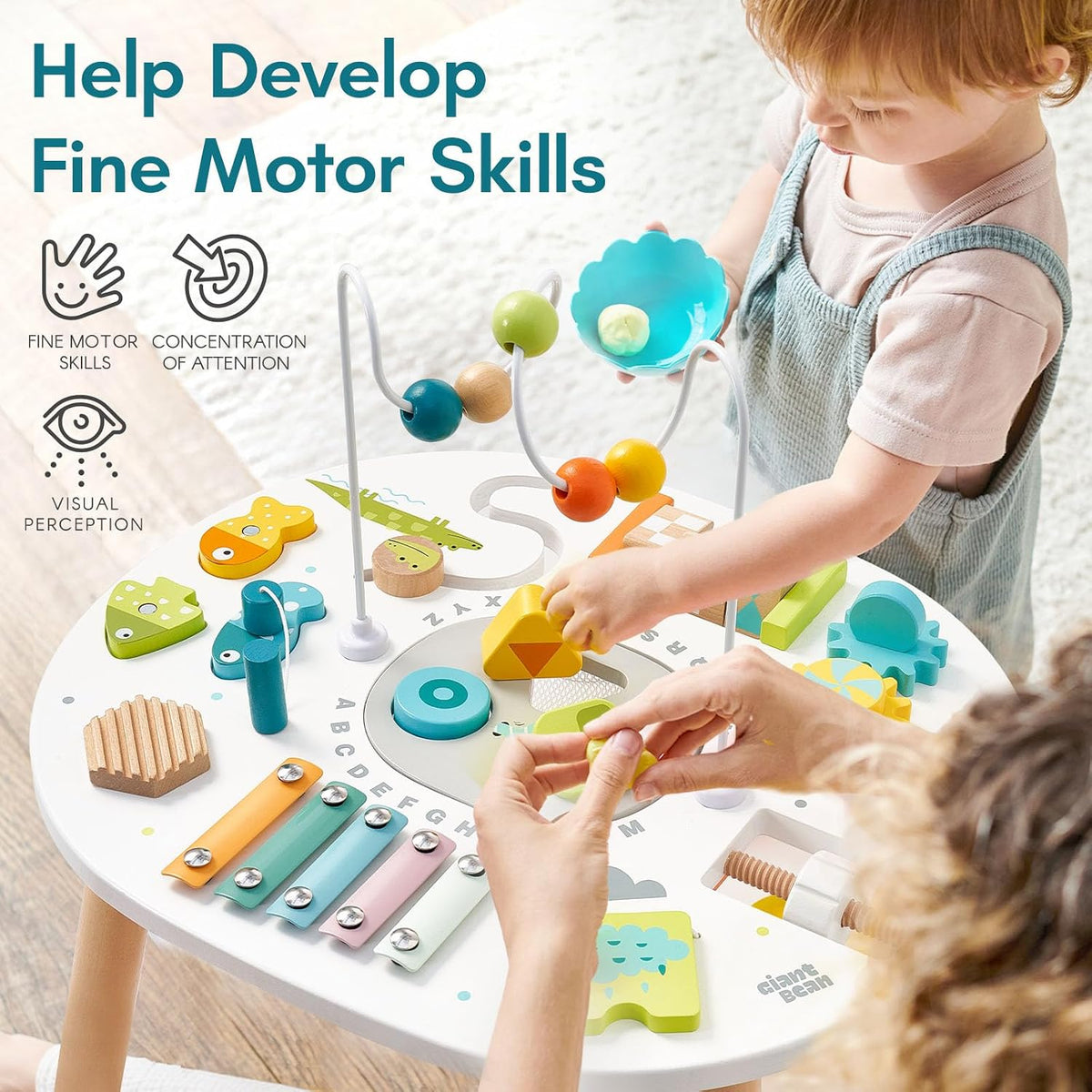 Giant bean wooden toddler activity table with bead maze, xylophone and shape sorter - view 3