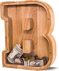 JOOMLAFLY Wooden Letter Piggy Bank for Kids 9"Clear Coin Bank - B / Initial-9"