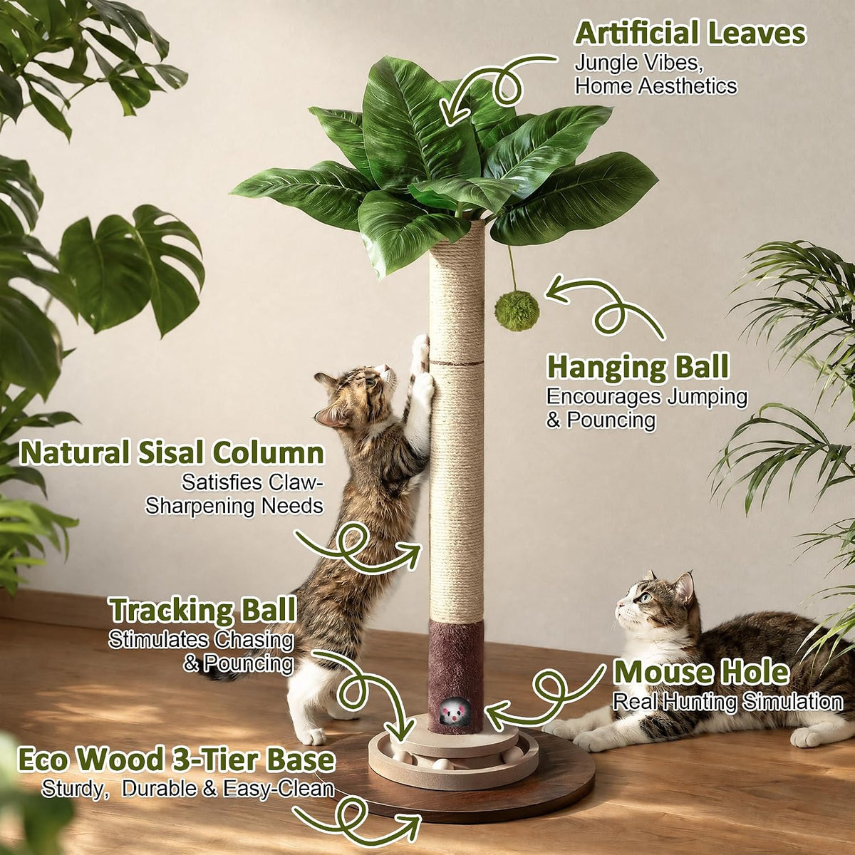 40" Cat Scratching Post, Natural Sisal Rope Cat Scratcher Tree – Essentials for Cats - Banana Leaf - image 2