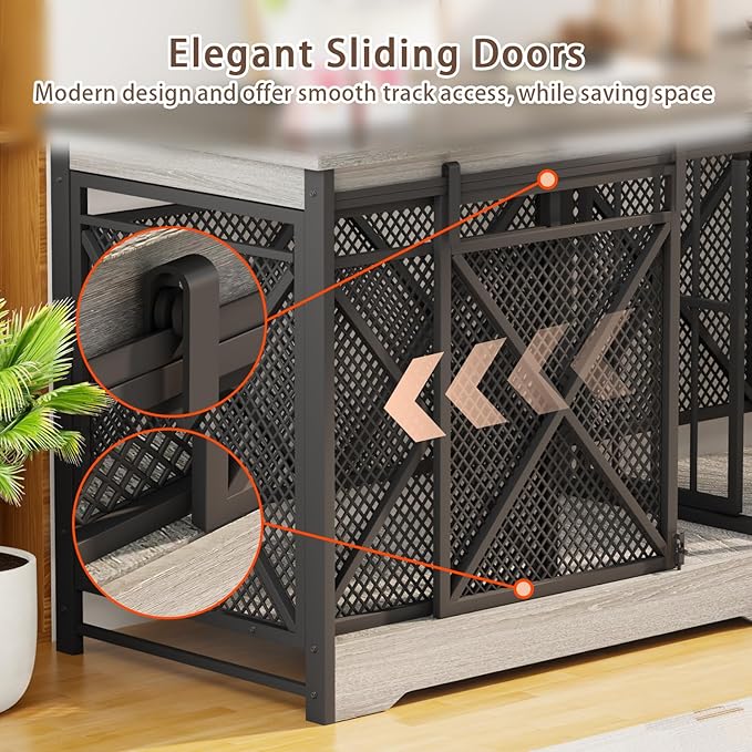 COZPAW 78 Inch Double Dog Crate Furniture, Extra Large Dog Kennel Indoor for Medium Large 2 Dogs, Heavy Duty Dog Cage Chew-Resistant Steel and Wooden Pet House with Removable Divider (Grey)