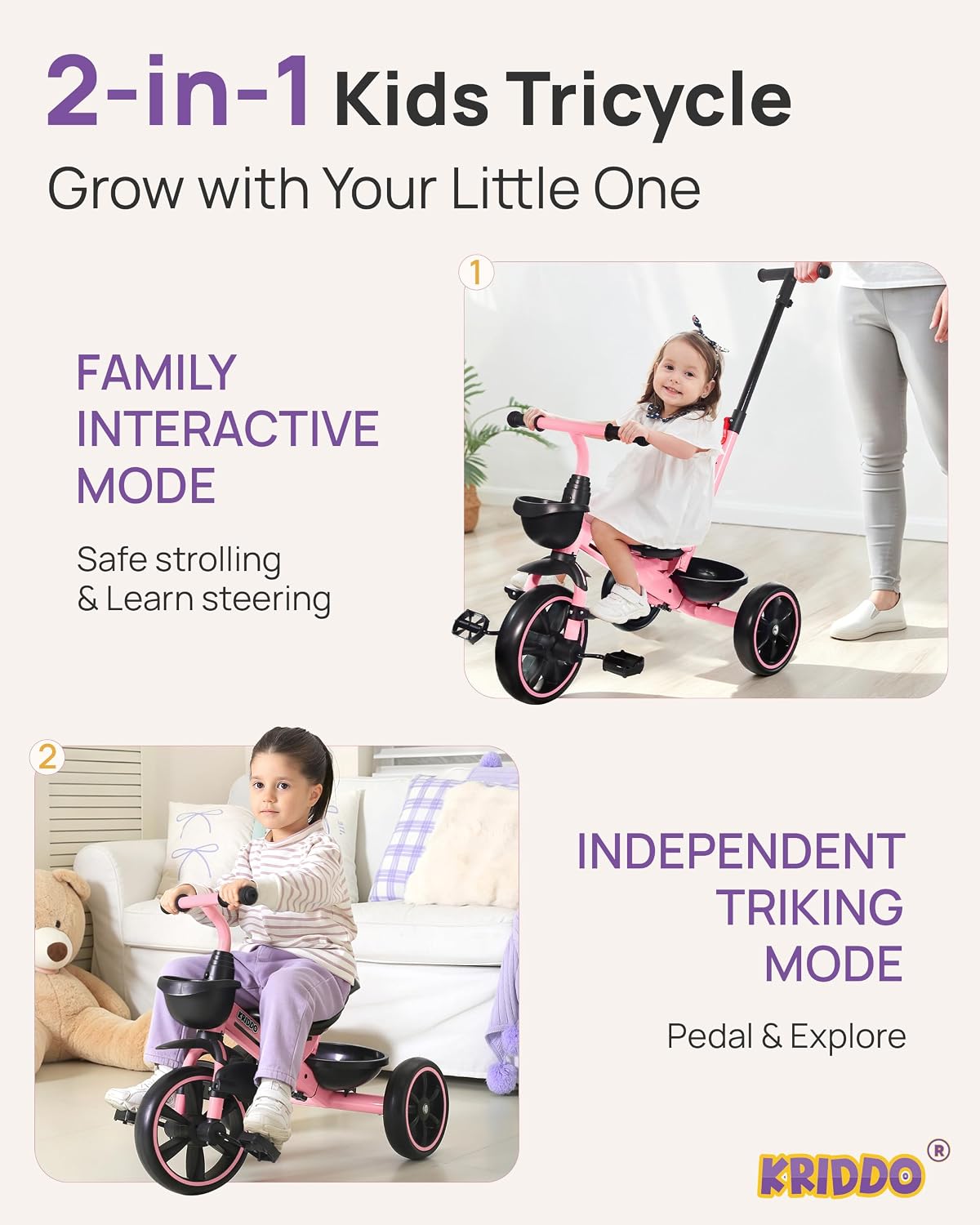 KRIDDO 2-in-1 Toddler Tricycle with Push Handle: Ages 18 Months to 5 - Pink - image 2