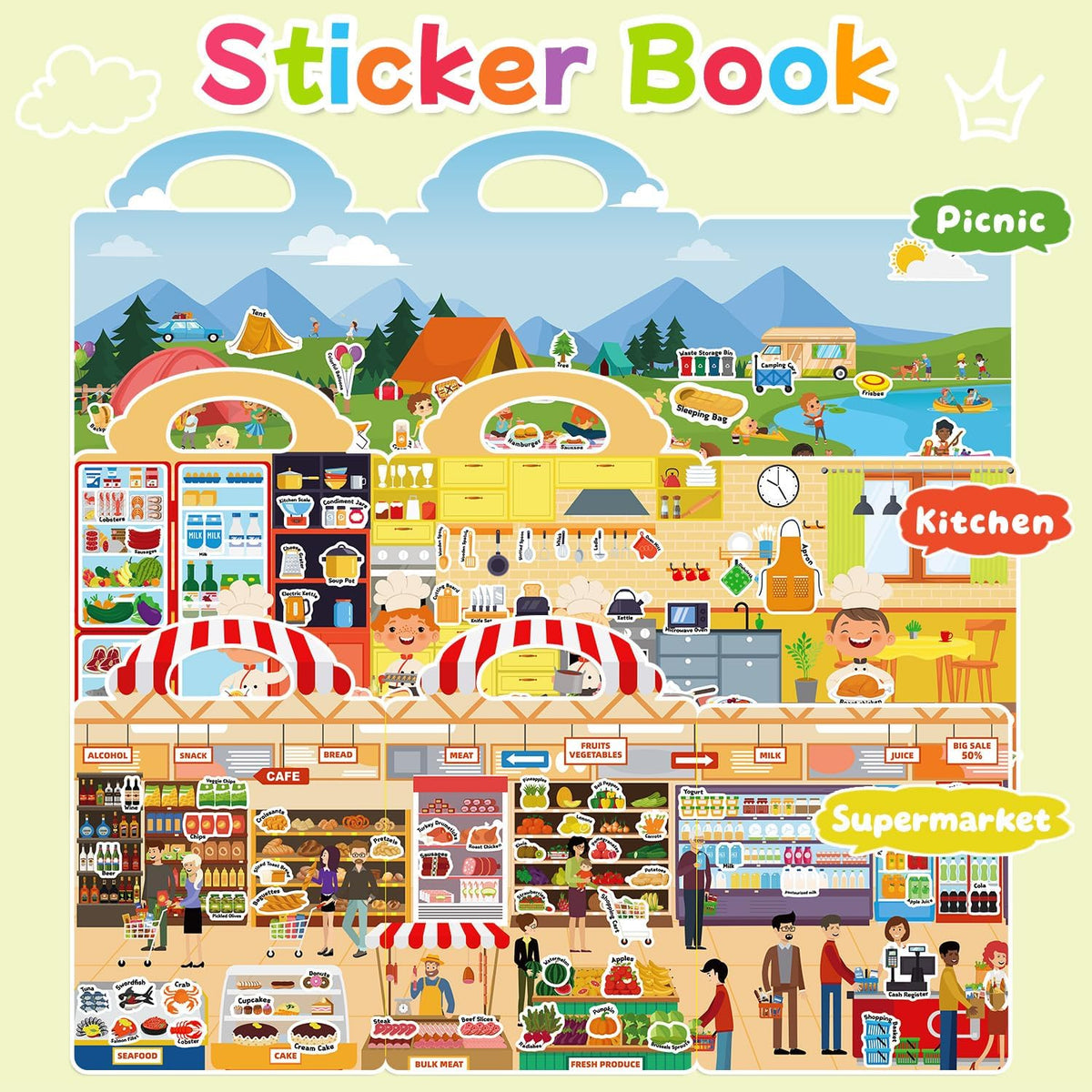 6 Sets Reusable Sticker Book for Toddlers 3-6 - Supermarket+Picnic+Kitchen - image 4