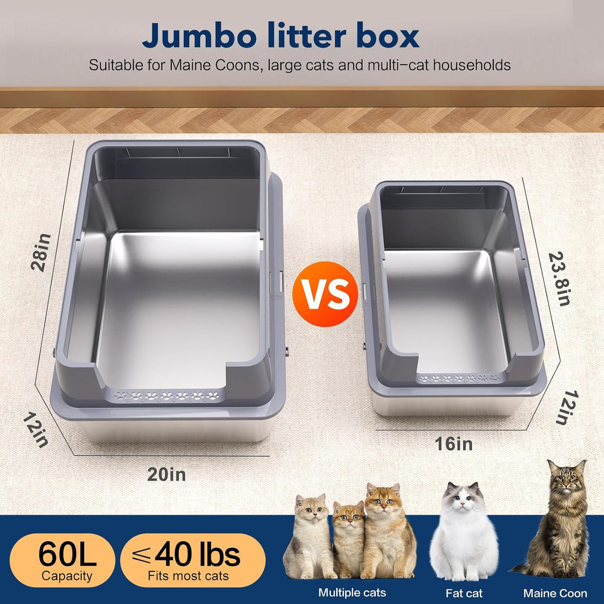 Kitcaty XXL stainless steel litter box 28 by 20 by 12 inches with high leak-proof sides - view 2