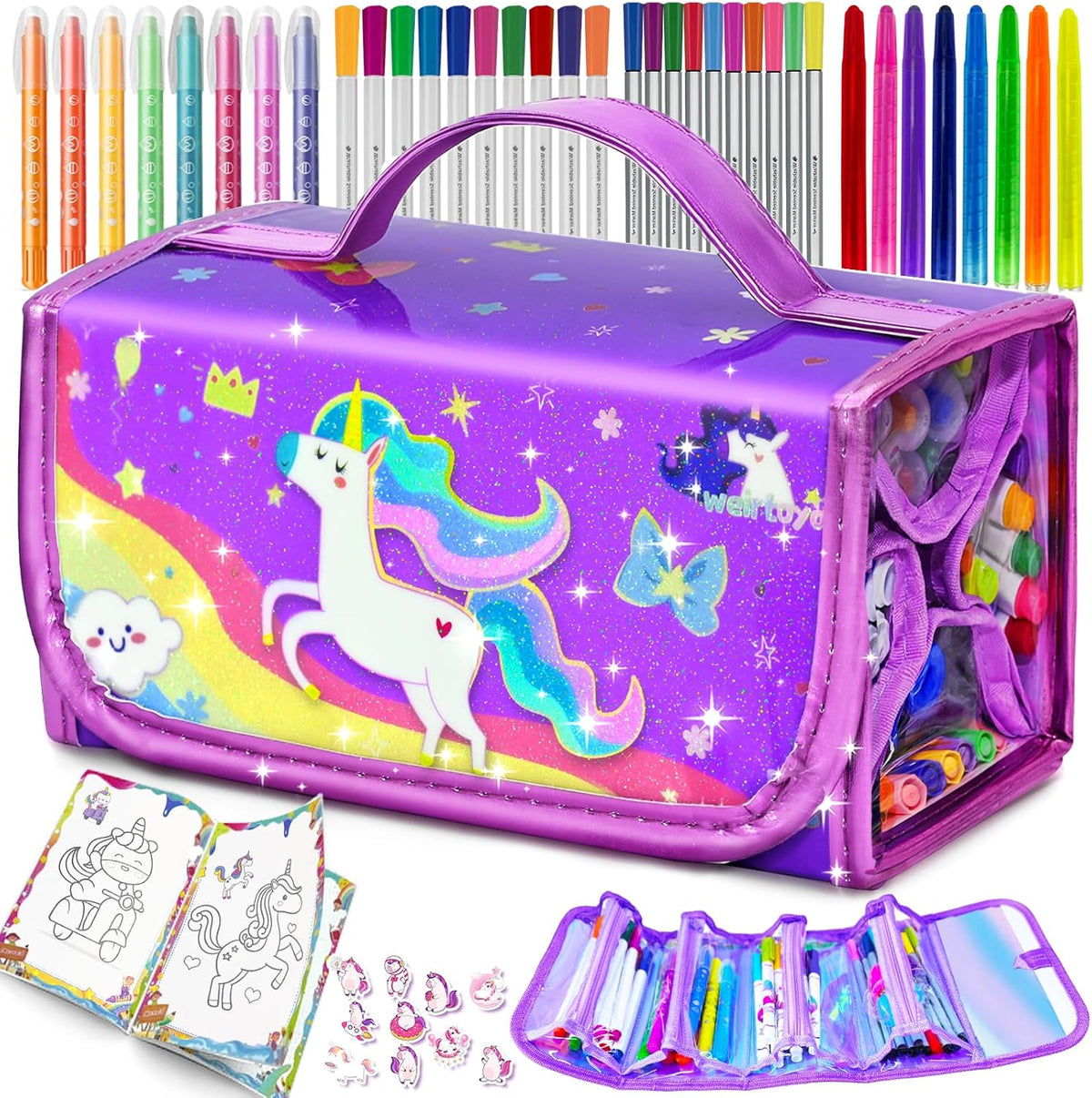 weirtoya 56 PCS Washable Scented Markers Set with Glitter Pencil Case - Purple Unicorn
