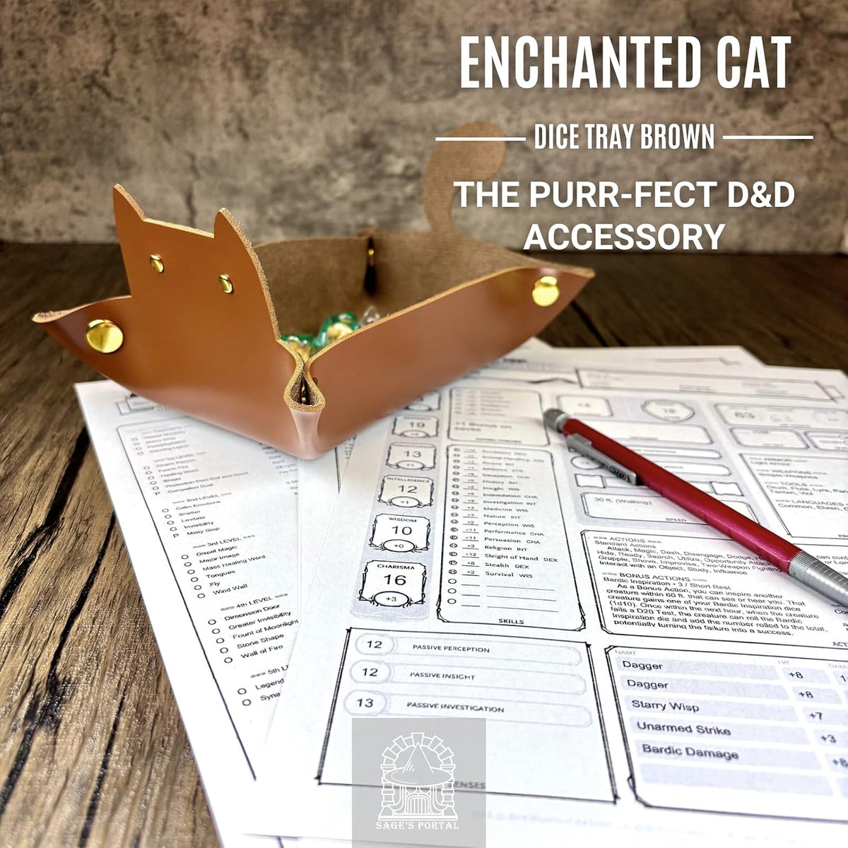 Sage's Portal brown cat-shaped foldable PU leather dice rolling tray - view 19