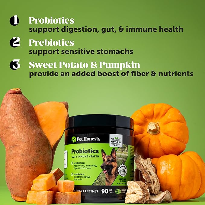 Probiotics for Dogs for Occasional Diarrhea & Bowel Support, Digestive Enzymes with Prebiotics for Gut Health for Dogs, Immunity Health & Itch Relief (Duck 90 ct)