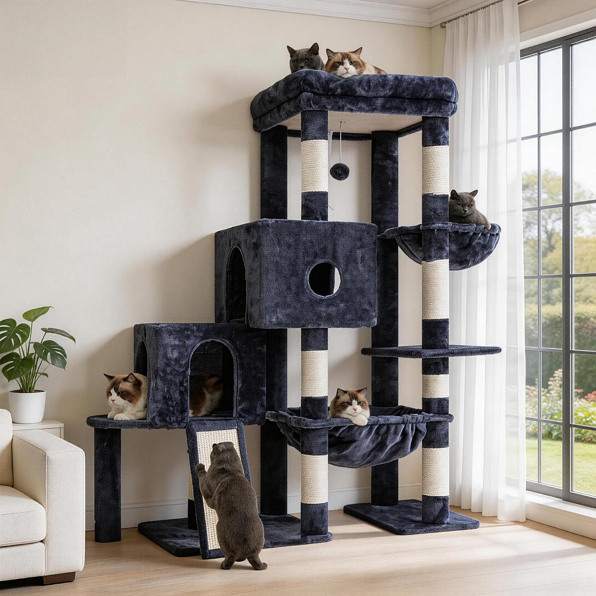 Hey-brother Cat Tree Tower with 3 Condos - 50 inches / Smoky Gray