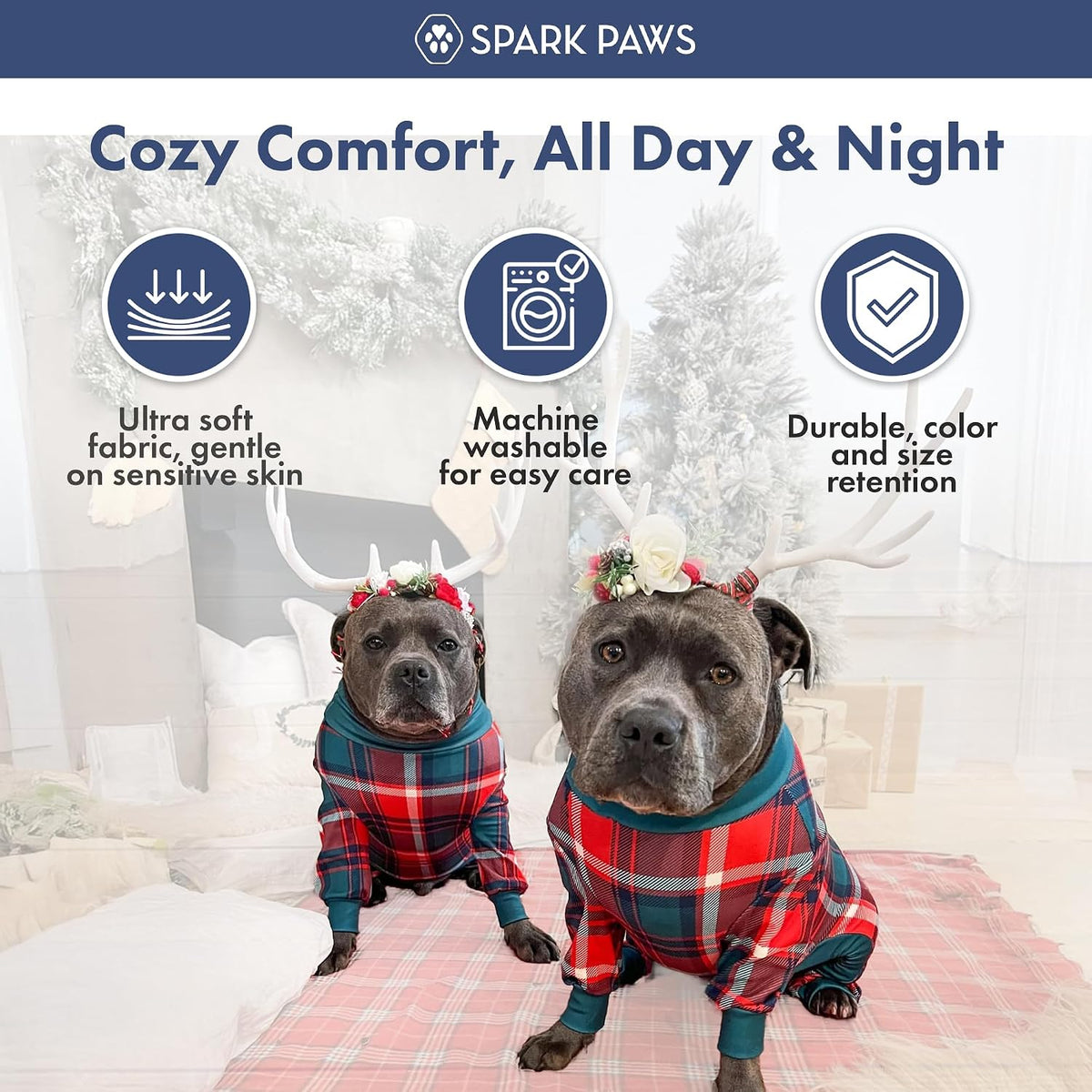 Spark Paws Dog Pajamas - Stretch Onesie Recovery Full Leg Surgery Suit PJS – Essentials for Dogs - Green and Red Plaid / 3XL - image 4