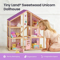 Tiny Land Wooden Dollhouse for Girls, 6 Rooms Wooden Doll House - Unicorn Purple - image 2