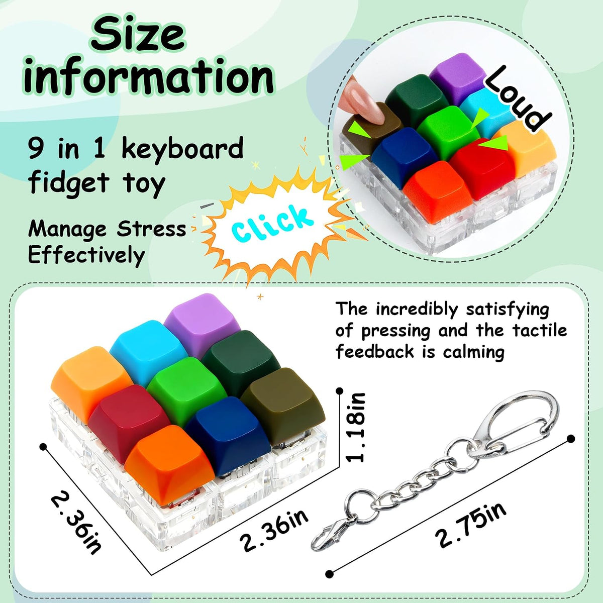 XiawaLangzhuo cat paw keyboard fidget toy, 9-in-1 clicker keychain in white and purple - view 29