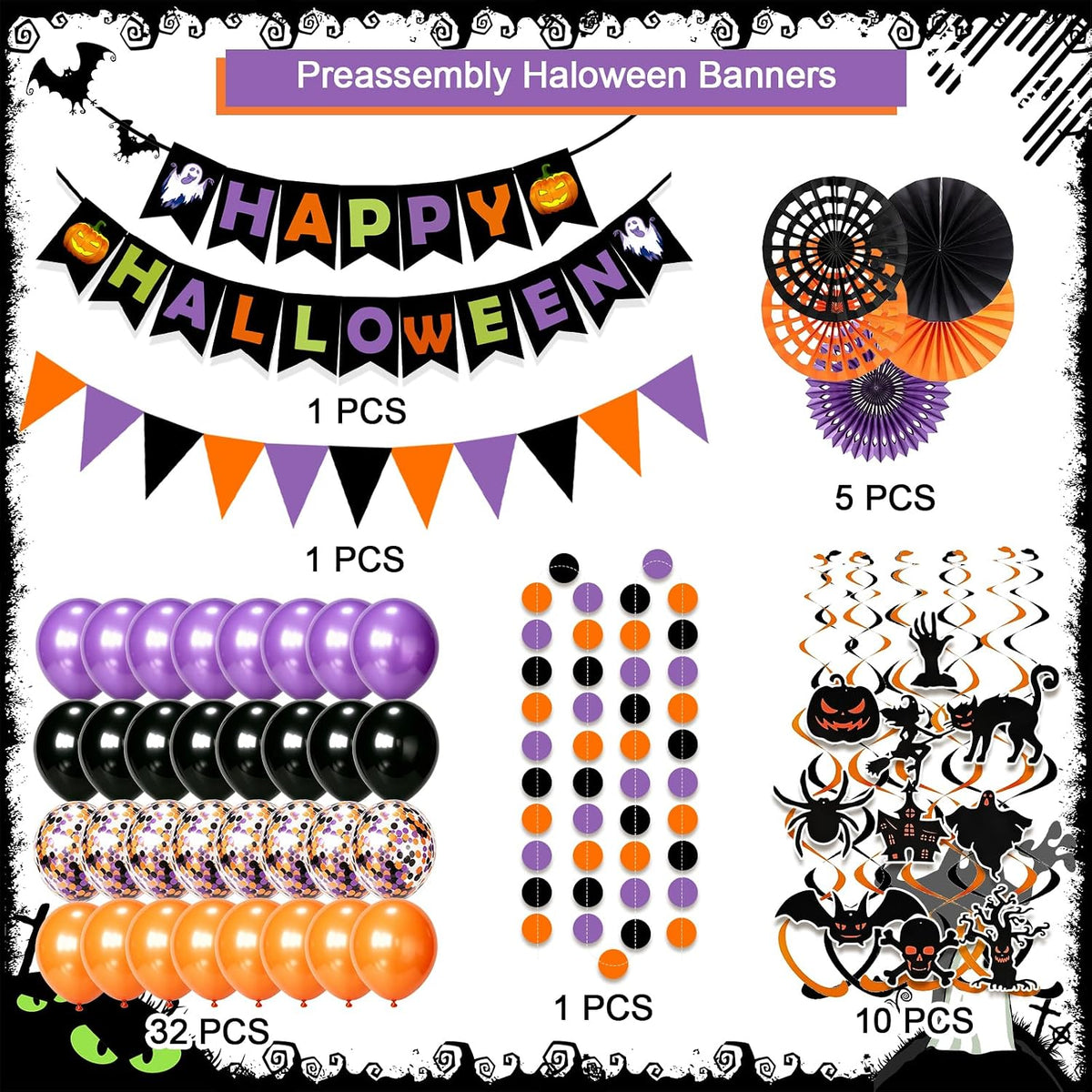 Fecedy Happy Halloween Banner Triangular bunting Paper flower fans - Halloween,multicolor,black,orange,purple - image 2