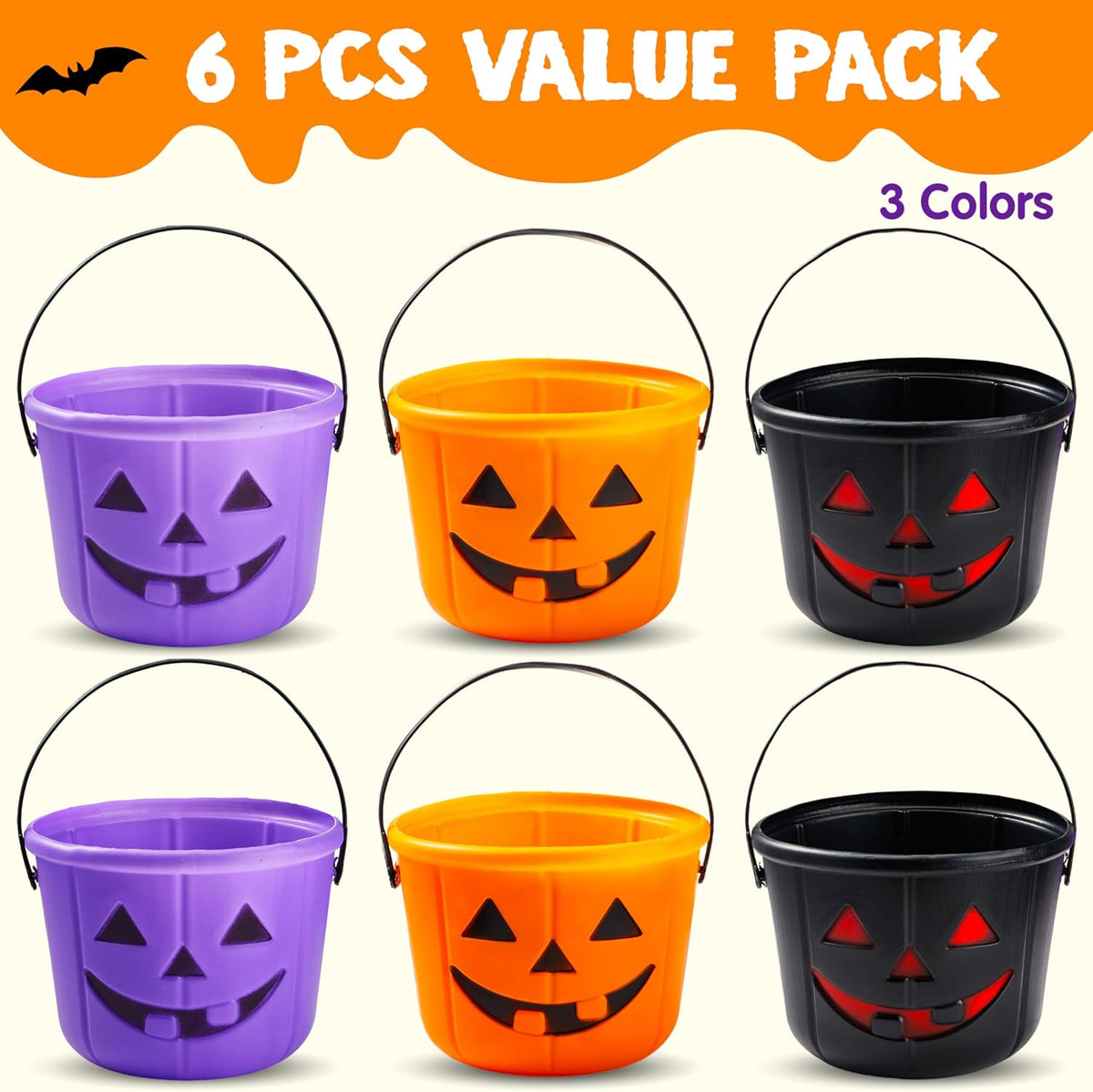 JOYIN 6 pack Halloween jack o lantern trick or treat pumpkin buckets with handles - view 3