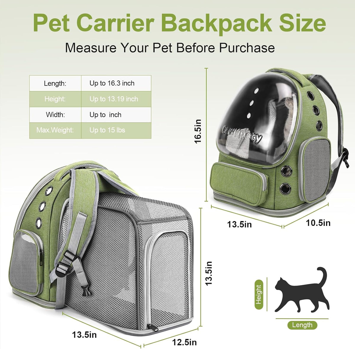 Cat Backpack Carrier, Breathable Cat Carrier Large Space Bubble Pet Backpack for Kitty Small Dog up - Square Expandable- Green - image 4