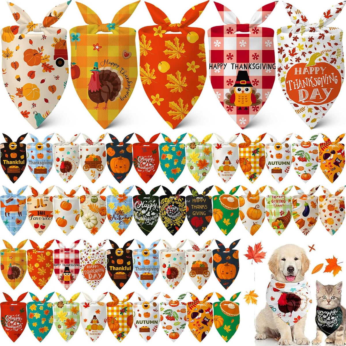 Pack of 60 Thanksgiving fall dog bandanas in 30 patterns made of polyester