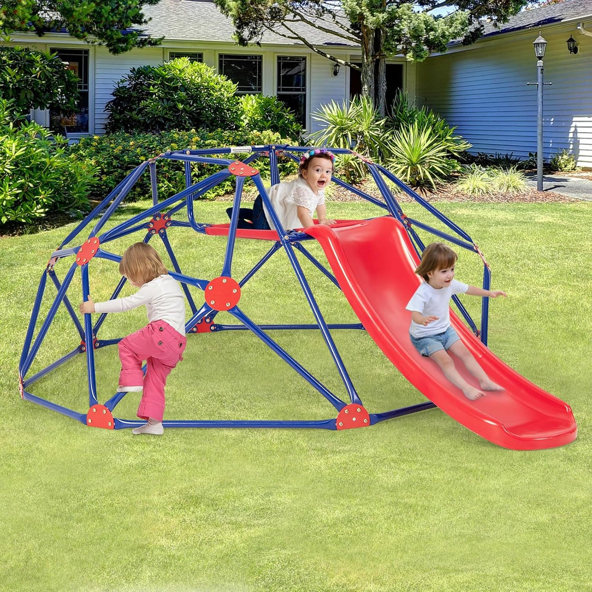 Olakids geometric climbing dome with slide, green steel frame for backyard play - view 4