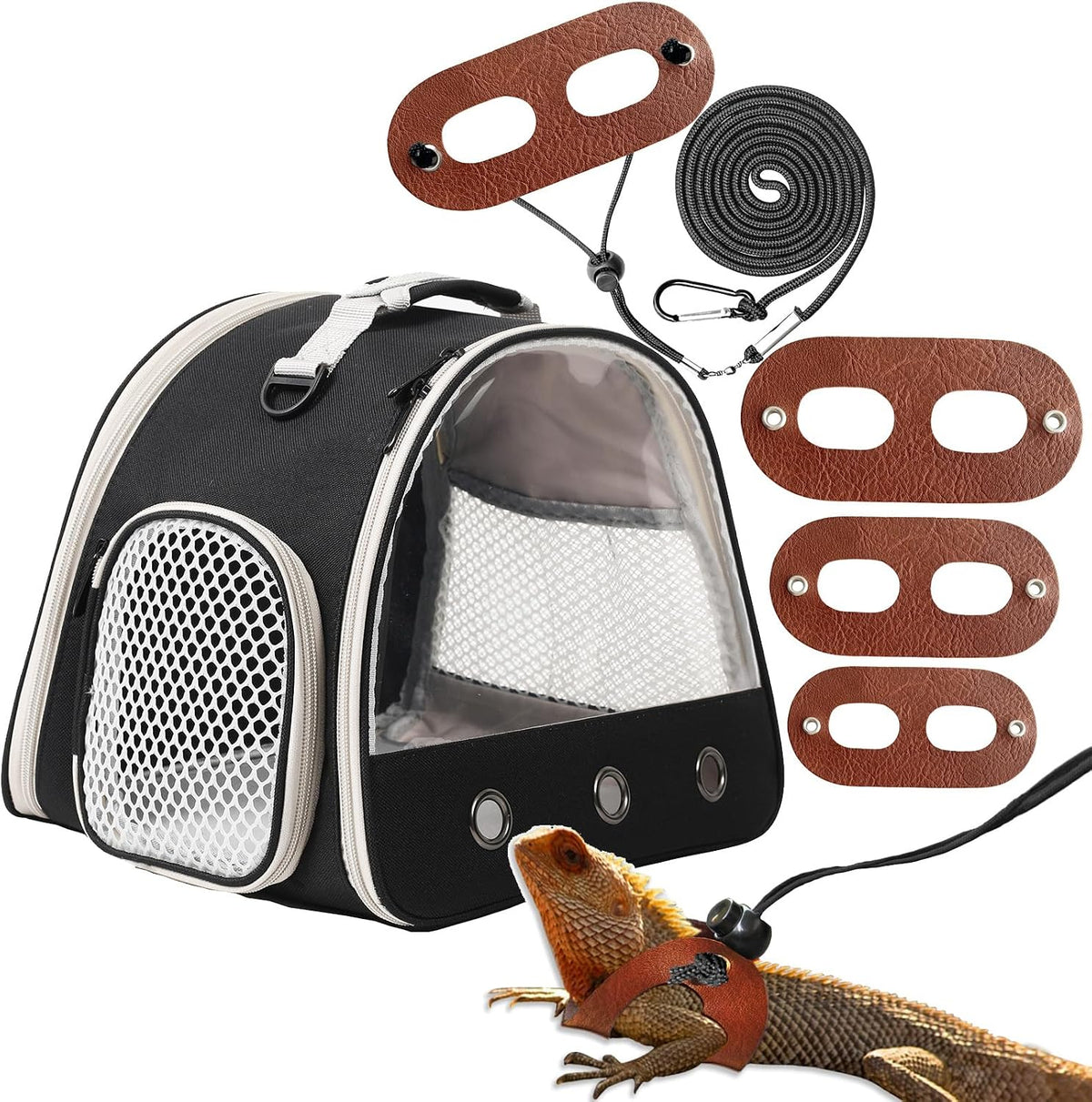 Bearded Dragon Travel Backpack with Harness and Leash Set - Black / Carrier+LSH Brown
