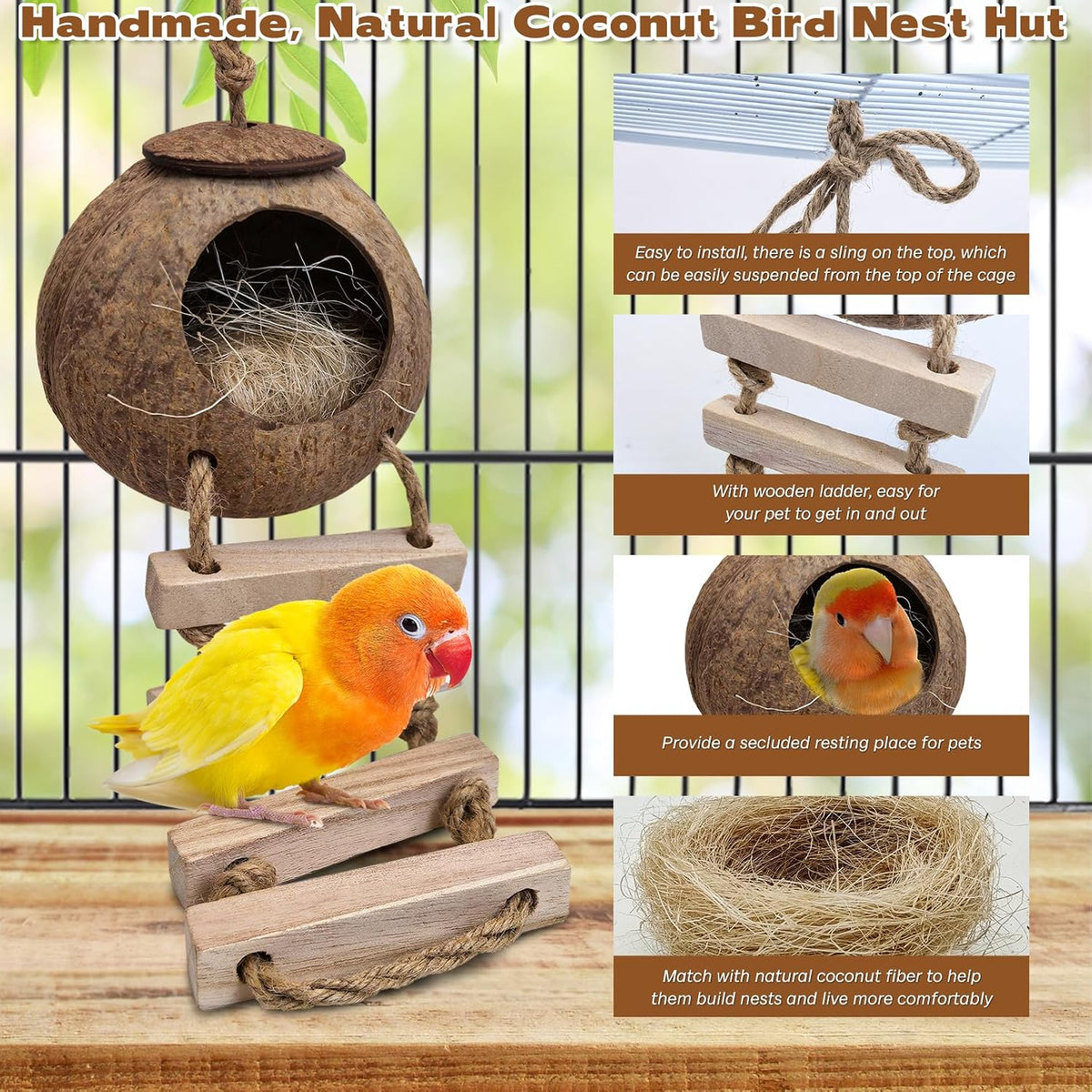 PINVNBY Coconut Bird Nest Hut with Ladder - Wooden ladder - image 2