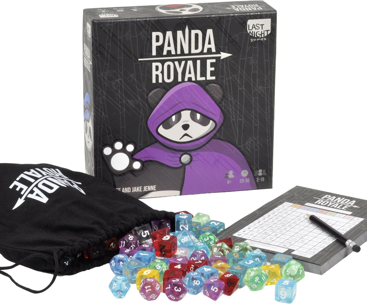 Panda Royale dice game by Last Night Games with translucent dice in 7 colors