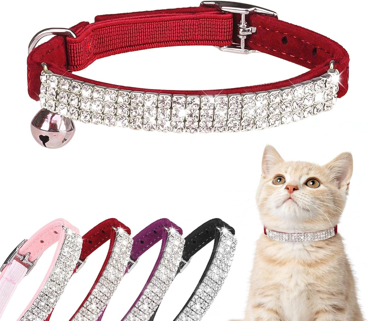 BINGPET Diamond Cat Collar with Bell, Adjustable Kitten Collar - Red(Rhinestones) / Neck Girth 8"-10"