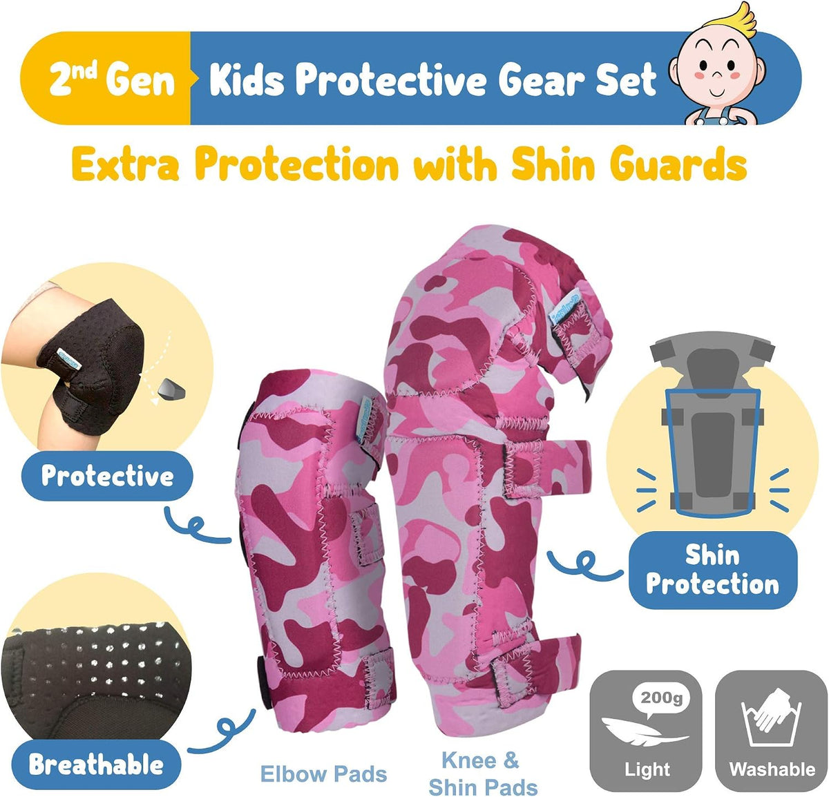 Soft-Style Kids Knee and Elbow Pads with Bike Gloves - Small / (2nd Gen) Pink Camo - image 3