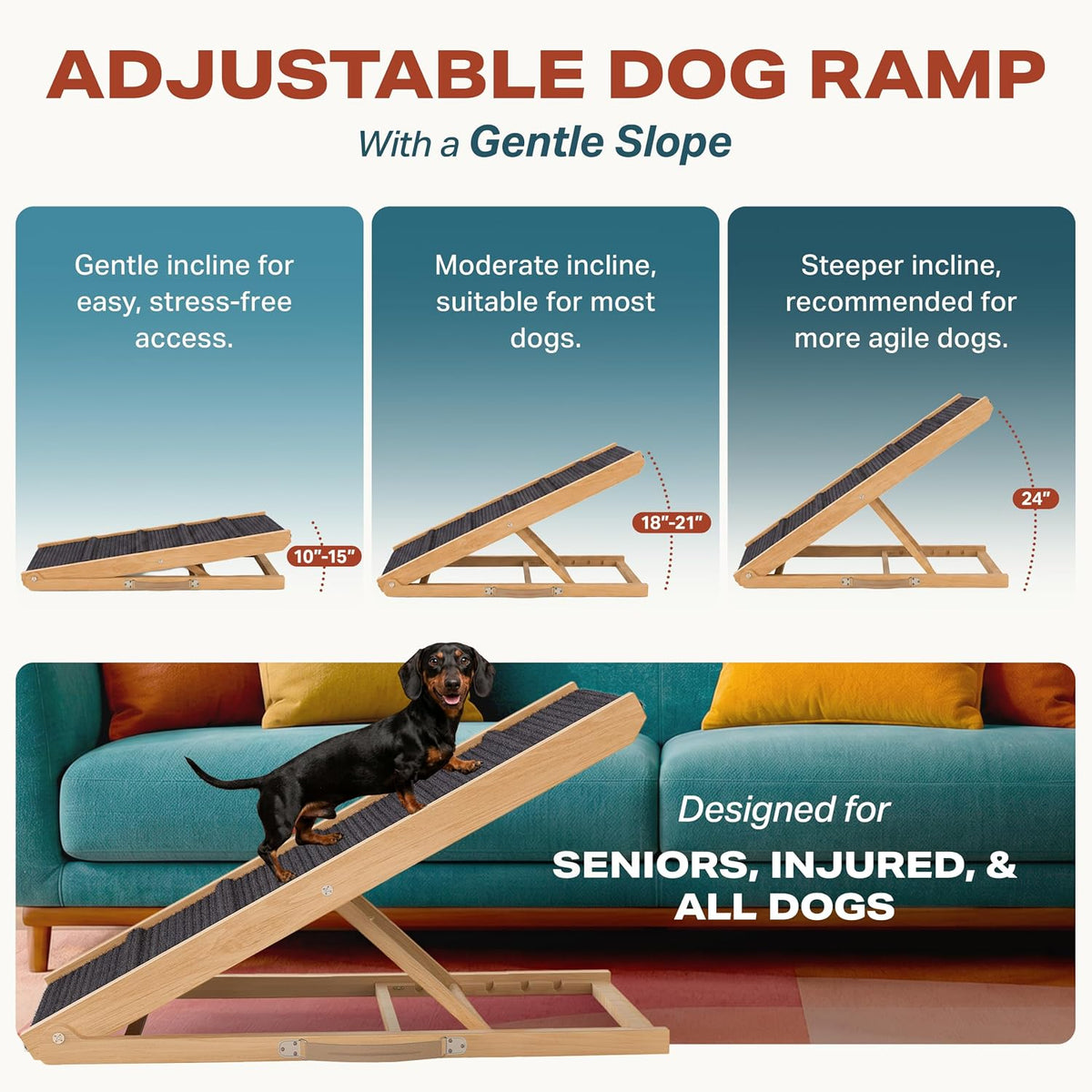 Adjustable Dog Ramp for Bed, Wooden Dog Ramp for Couch - Light Brown / 39" Long x 13.4" Walking Space - image 3