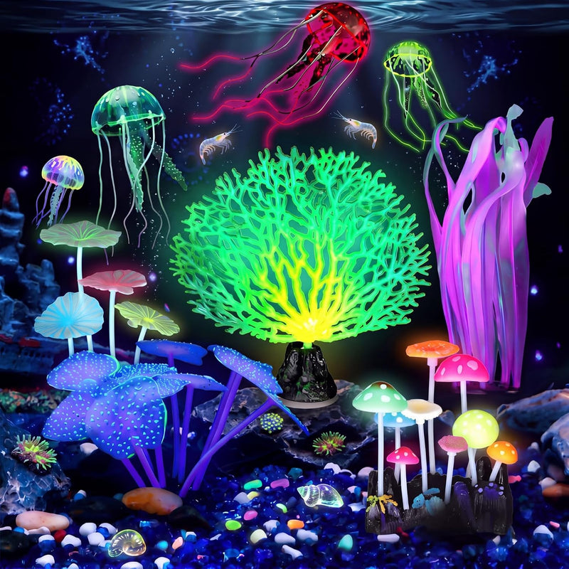 Frienda 8 Pcs Glowing Aquarium Fish Tank Decorations, Blue, Pink – Essentials for Fish - Yellow, Pink