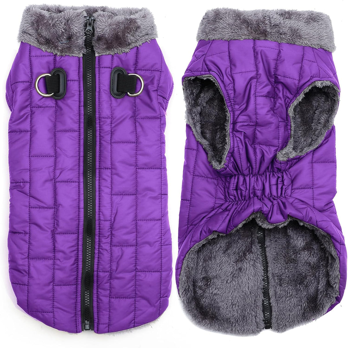 Fleece Dog Jacket for Small Dogs, Puppy Coat with Harness - Purple / X-Small