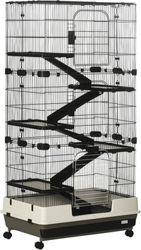 PawHut 59.5" Small Animal Cage with Wheels, 6-Level Portable Bunny Cage, Chinchilla Ferret Cage with Removable Tray, Platform and Ramp
