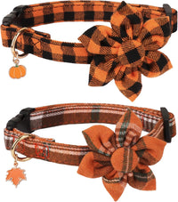 ADOGGYGO Fall Plaid Dog Collar 2 Pack, Thanksgiving Dog Bow Tie - X-Large / Fall Flower