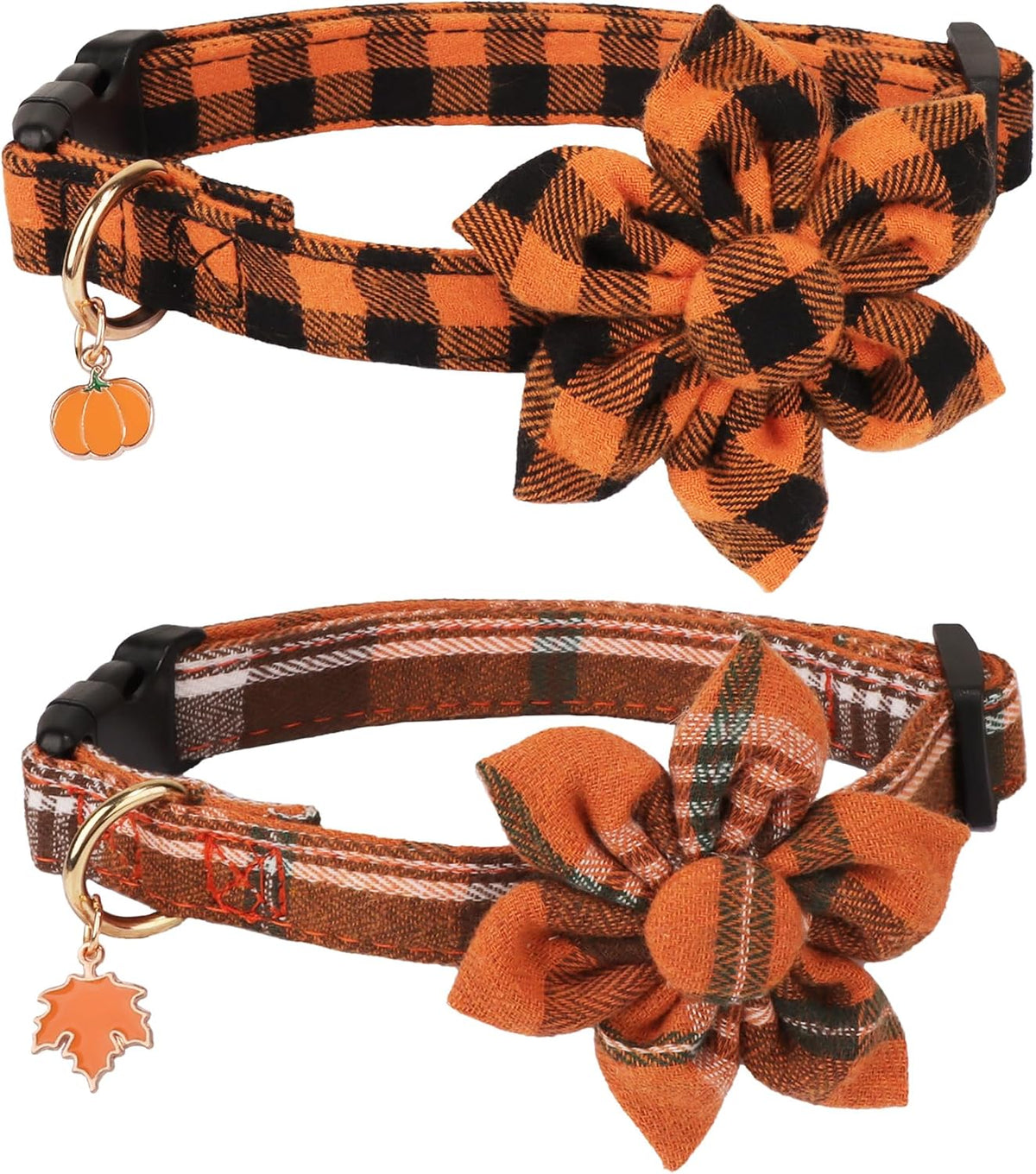 ADOGGYGO Fall Plaid Dog Collar 2 Pack, Thanksgiving Dog Bow Tie - X-Large / Fall Flower