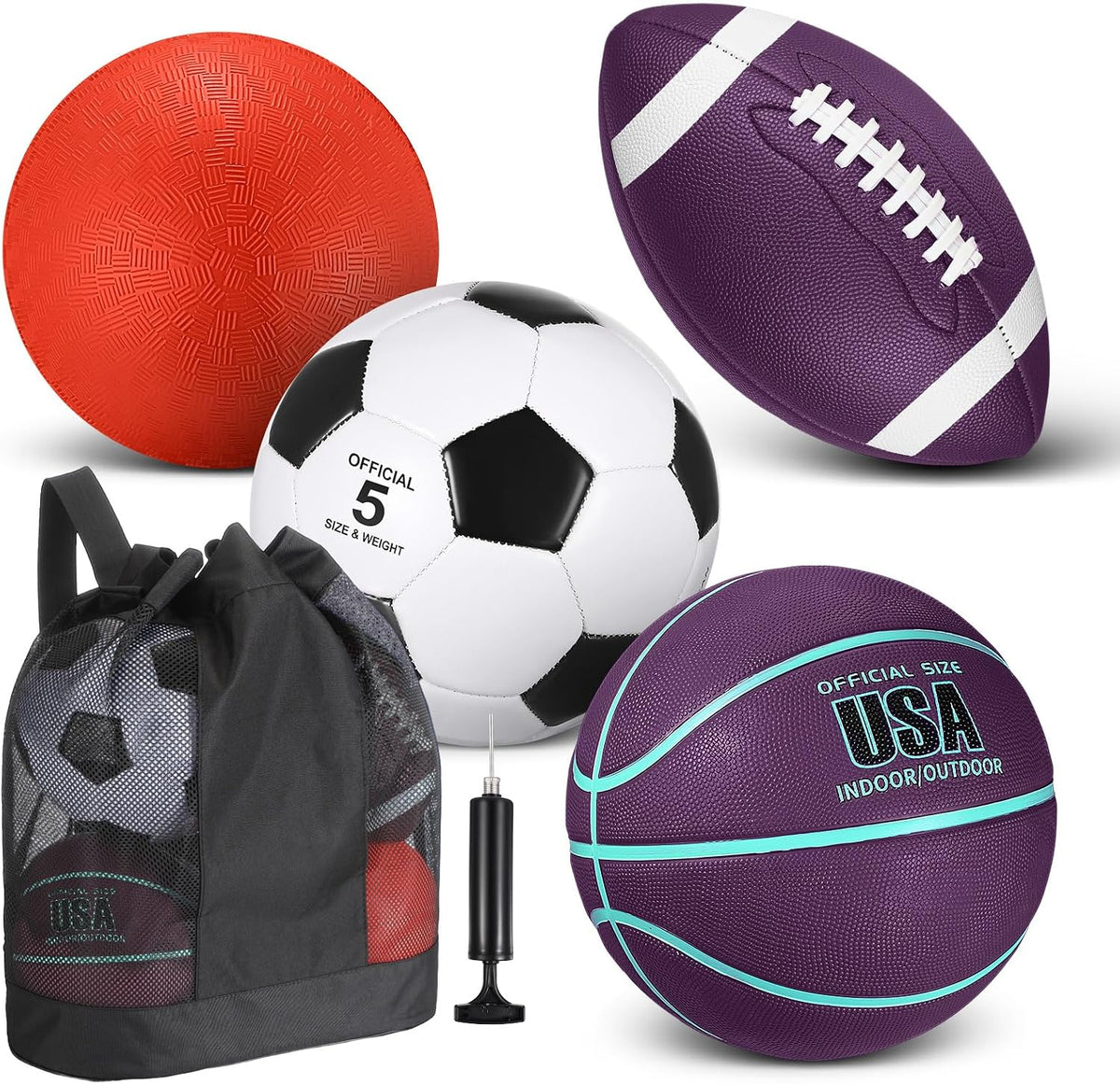 Lenwen sports balls set with basketball, soccer ball, football, playground ball, pump and bag - view 5