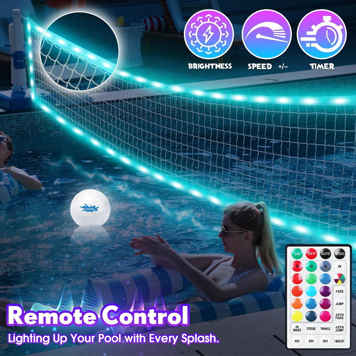 OHYEMO LED pool volleyball net set with glowing net and 2 light-up balls - view 2