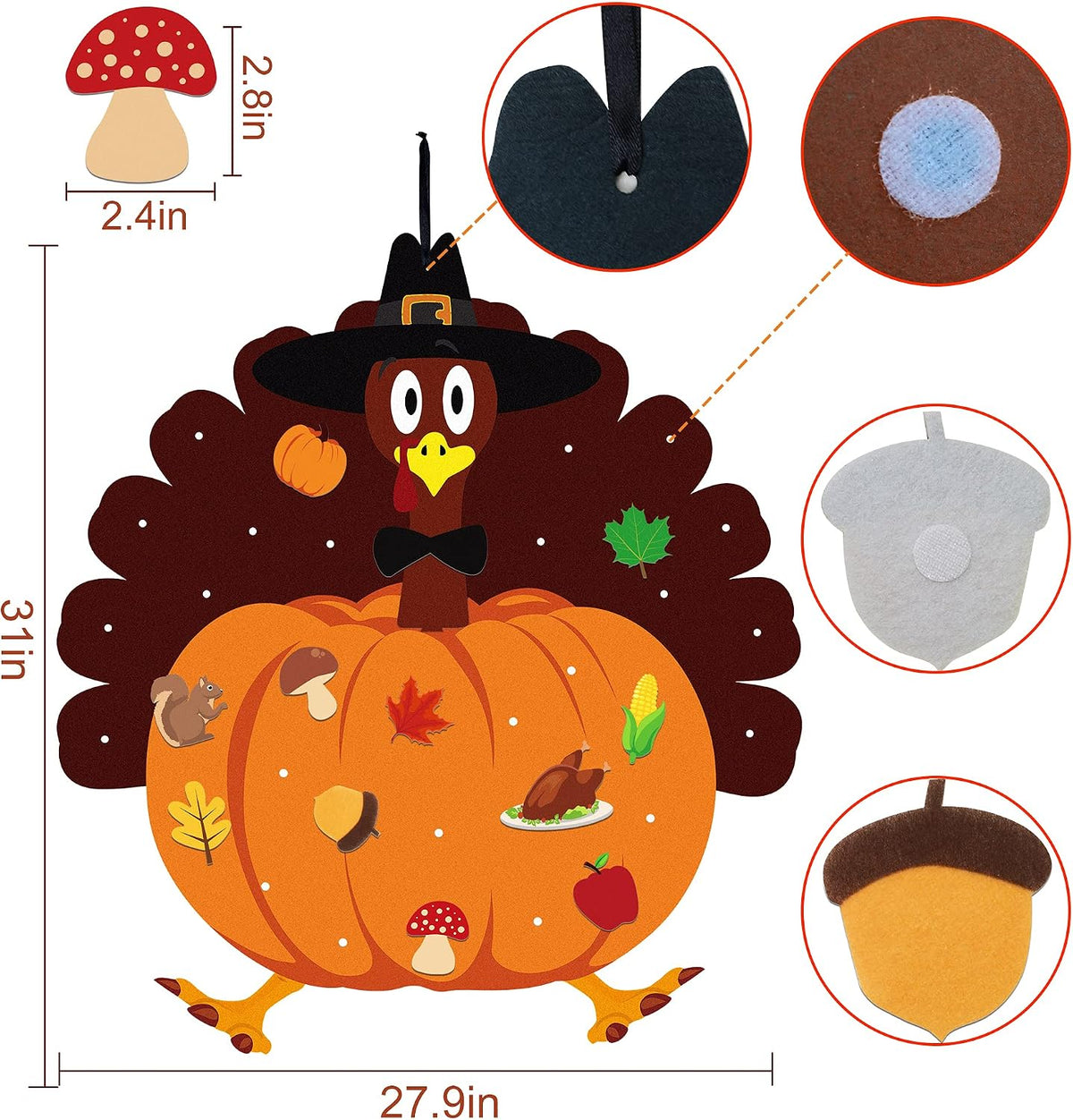 HALOGATE Thanksgiving felt craft kit with 34 detachable fall ornaments on a felt turkey - view 2