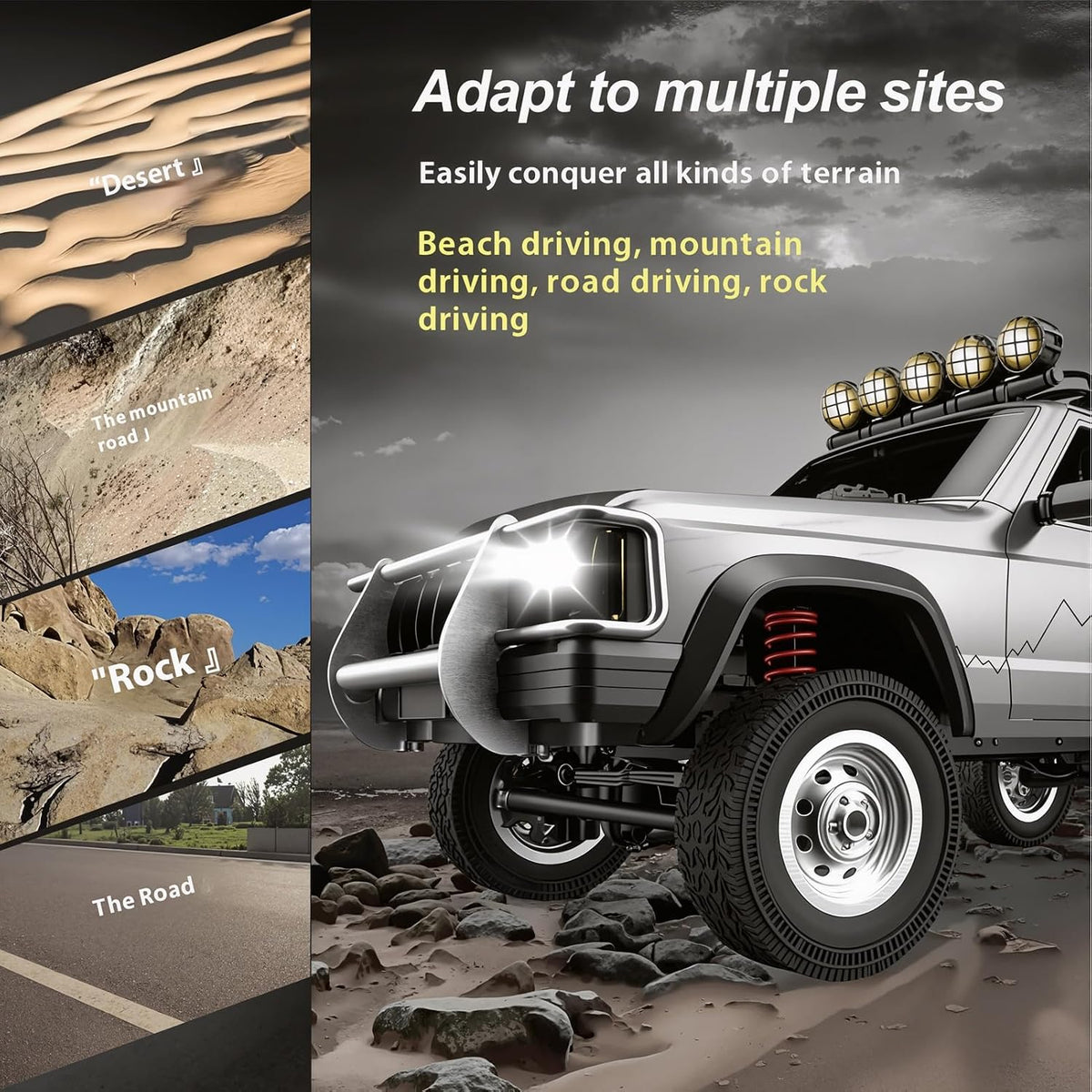 Goolsky silver 1:12 scale RC rock crawler with LED lights on rocky ground - view 8