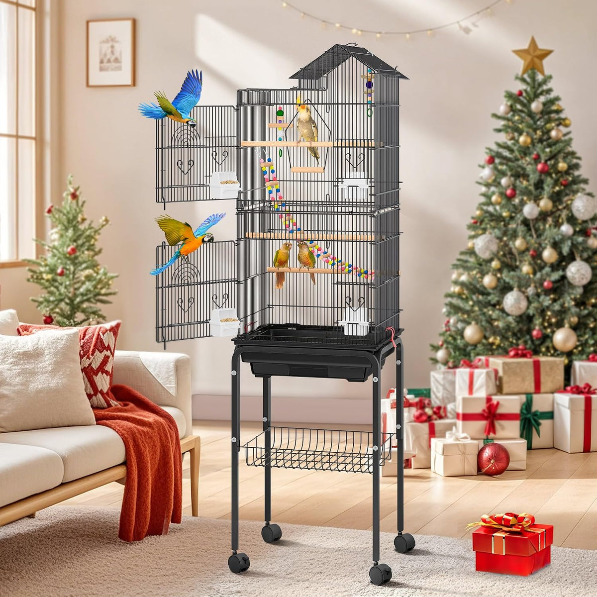 DWVO 62-inch Metal Bird Cage for Cockatiels, Parrots, Pigeons – Essentials for Birds - Black