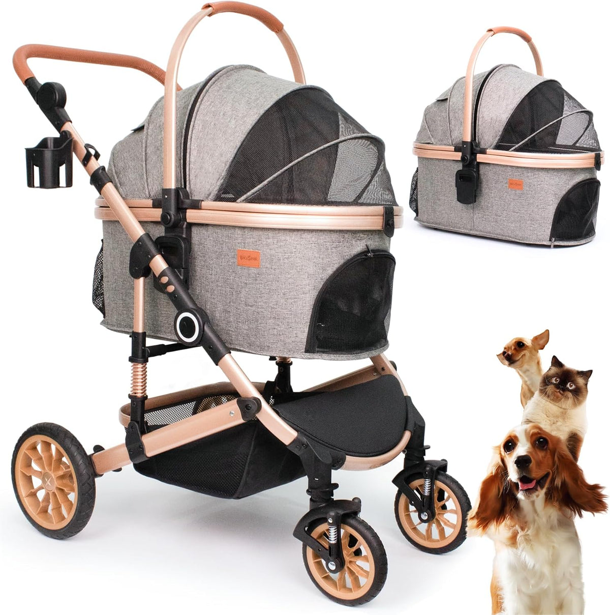 Bicystar Dog Stroller with Detachable Carrier, Rubber Wheels - Grey