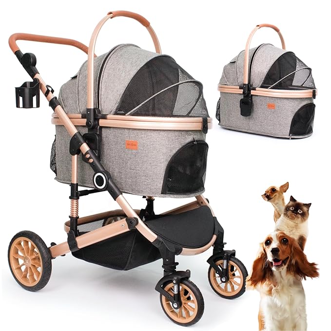 Pet Stroller with 4 Wheels, Foldable Pet Travel Carrier for Small/Medium Dogs Cats up to 50lbs, Detachble Portable Pet Bag, Storage Basket, Car Seat 3 in 1 Multifunctional (Grey)