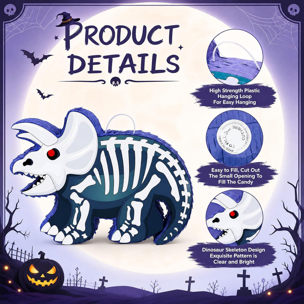 Aoriher Halloween skull piñata with bat stick, blindfold and square confetti - view 22