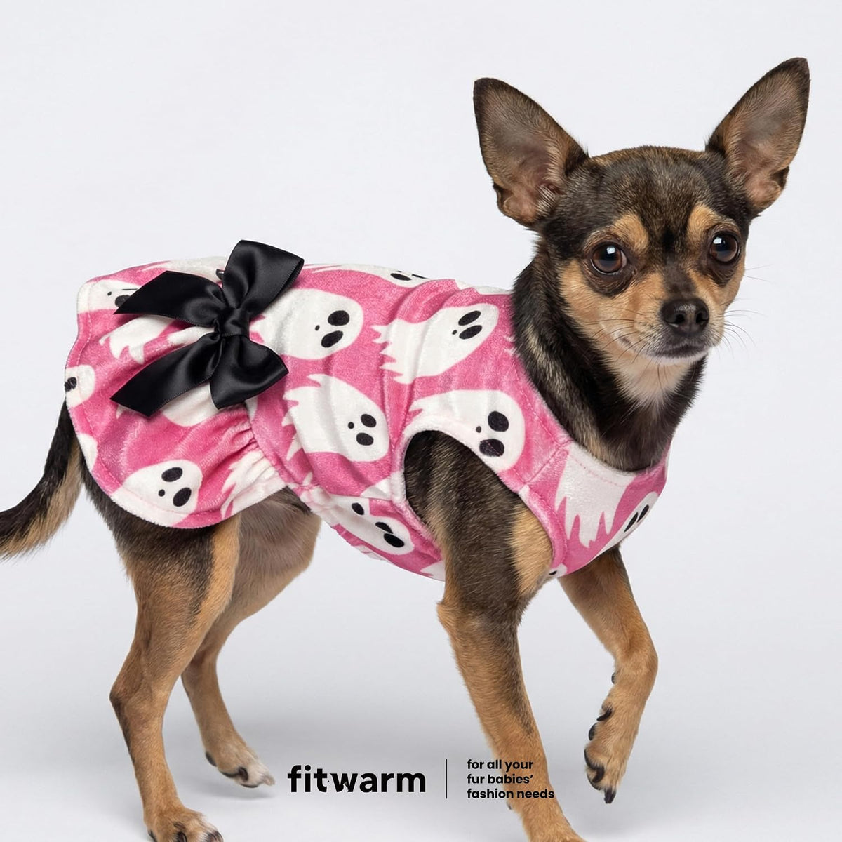 Fitwarm Halloween ghost dog dress in velvet with ghost prints and ribbon bow, size small - view 3