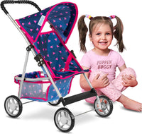 Baby Doll Stroller, Pram for Girls, Umbrella Stroller for Kids - Navy Blue in Triangles