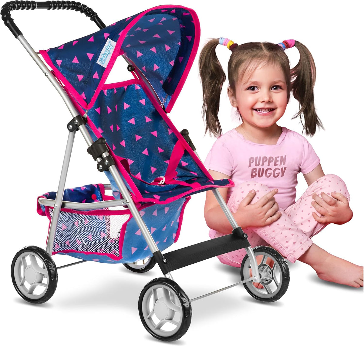 Baby Doll Stroller, Pram for Girls, Umbrella Stroller for Kids - Navy Blue in Triangles