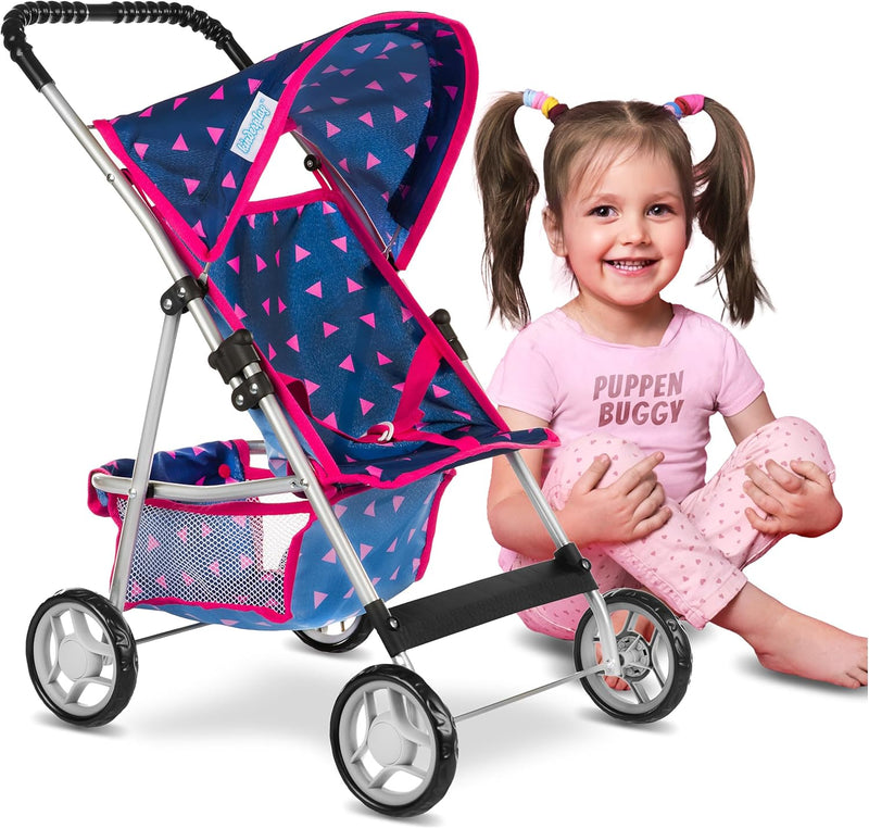 Baby Doll Stroller, Pram for Girls, Umbrella Stroller for Kids - Navy Blue in Triangles