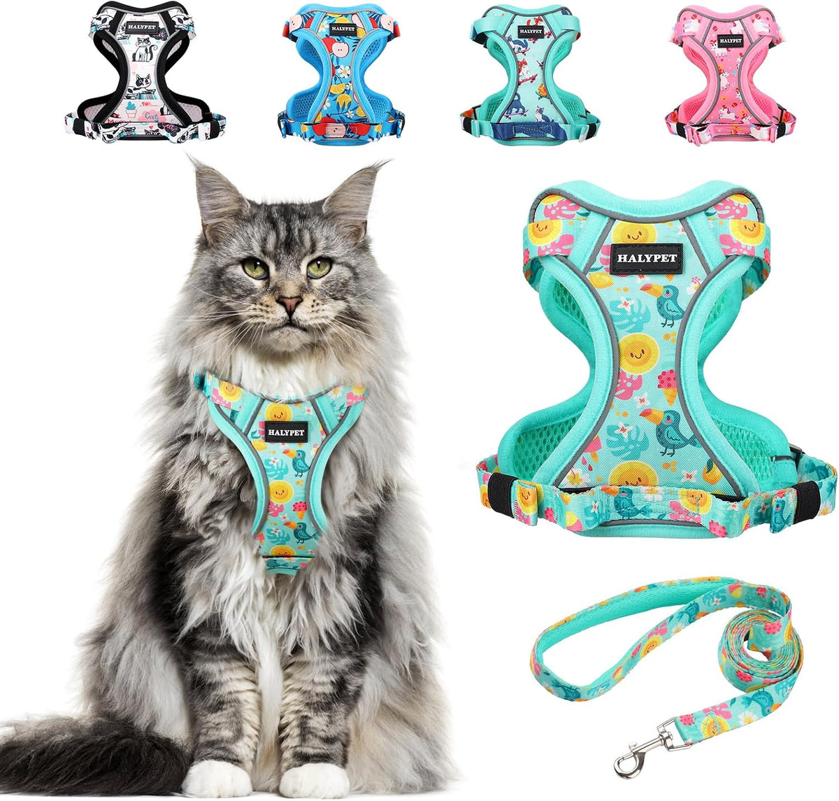 Cat Harness and Leash Set[MAX Safety 4th-Gen] Cute Escape Proof Vest - H603 Pro Green Tropics / Medium (13-18lb)