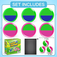 Officygnet ball catch game with pink and green sticky paddles, balls and storage bag - view 3