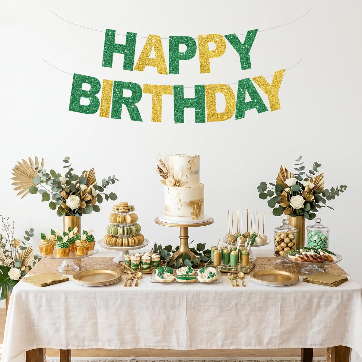 BEISHIDA Pre-Strung Glitter Pink Happy Birthday Banner Party Sign - Green Gold - image 4