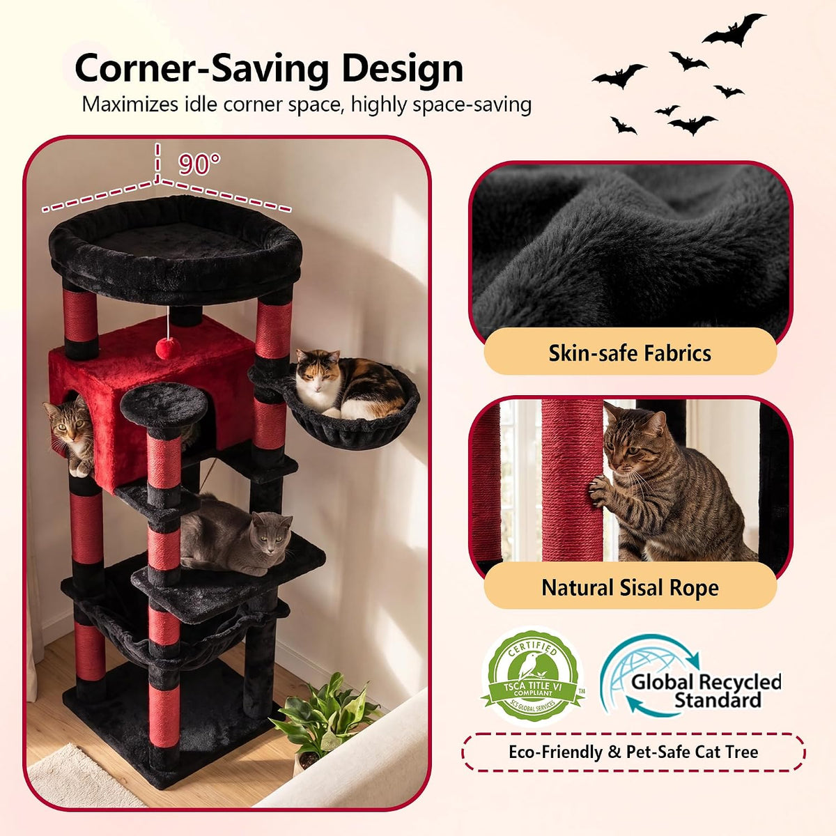 Heybly 53.1" Corner Cat Tree for Large Cats - Black and Red / 53 inch - image 4